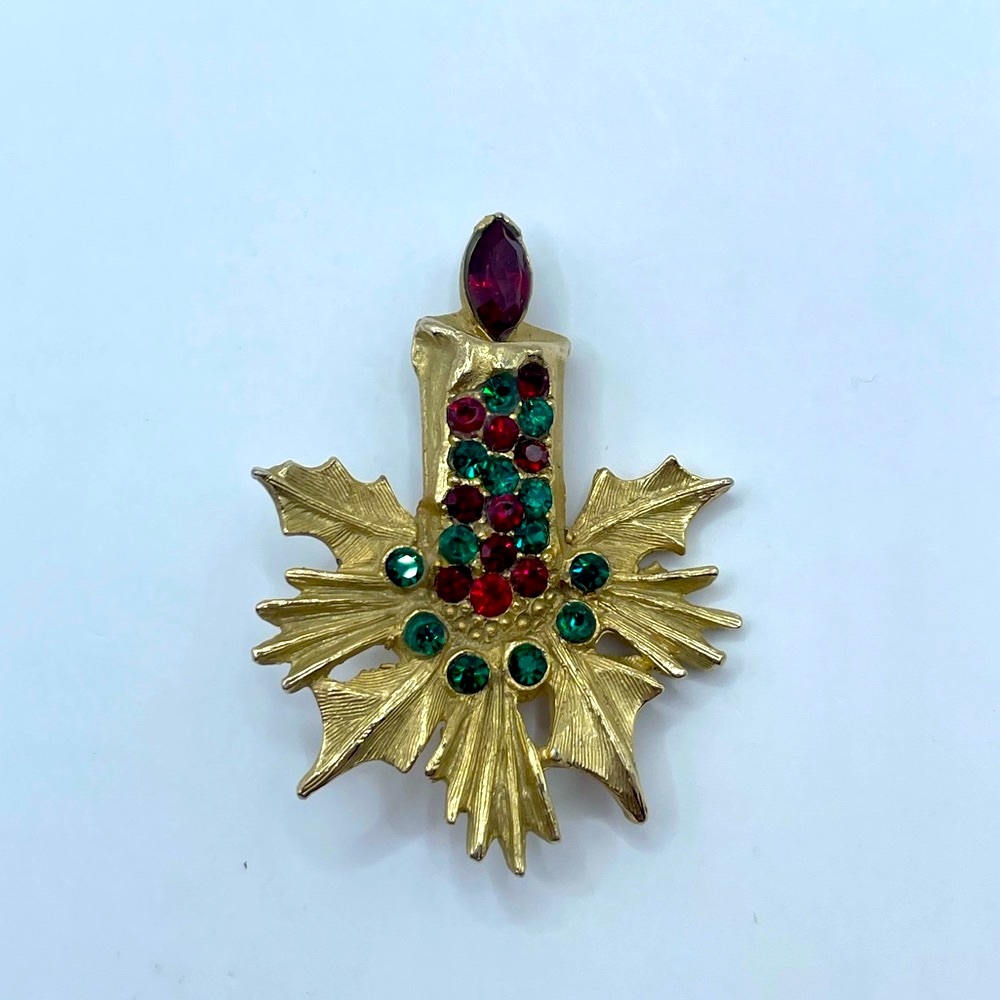 VINTAGE Crystal Christmas Candle Brooch